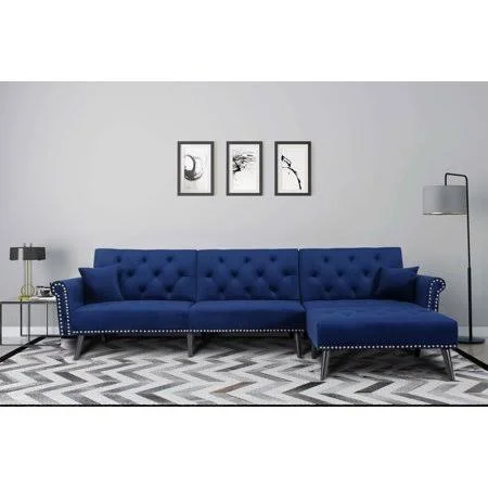 Convertible Sectional Sofa Bed - Modern Velvet Upholstered Sofa with Extra Wide Chaise Lounge, Reversible Sectional Sofa Sleeper wi