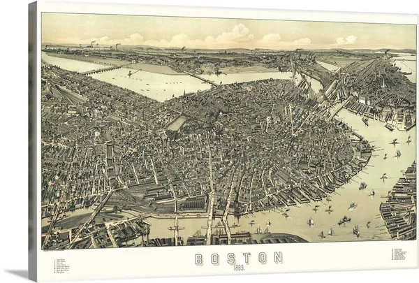 Vintage Birds Eye View Map of Boston - Massachusetts, Canvas Wall Art, 30x20, Great Big Canvas