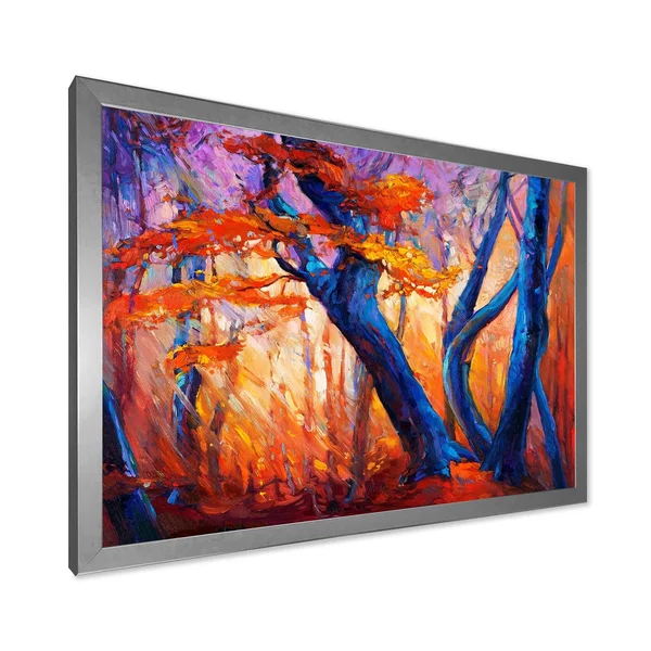 Designart 'Blue Silhouettes of Trees in Orange Autumn Forest' Farmhouse Framed Art Print - 40 in. Wide x 30 in. High - Black