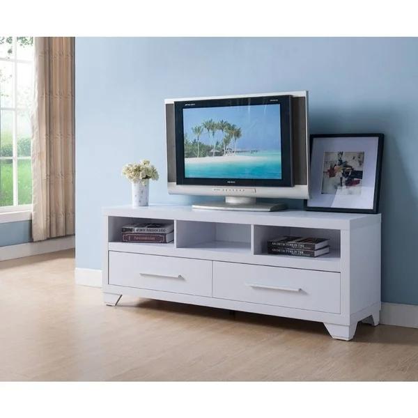 Benzara Wooden TV Stand with 2 Drawers & 3 Open Shelves - White, 60 x 15.25 x 21.75
