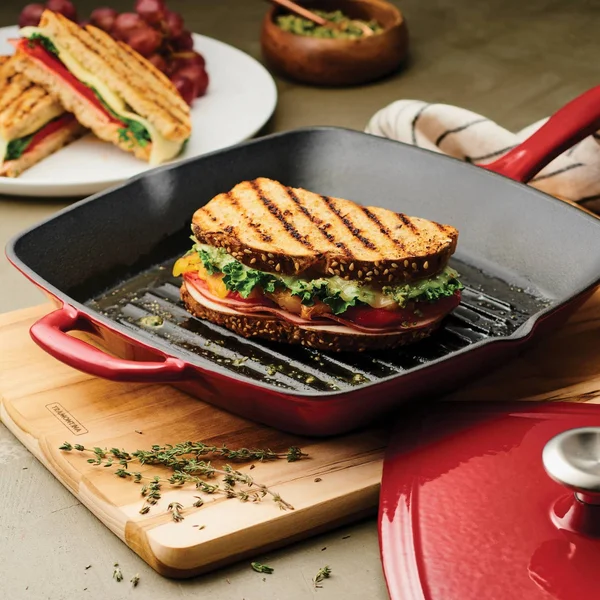 Tramontina Gourmet Enameled Cast Iron 11 in Grill Pan with Press, Red