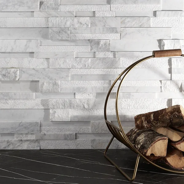 TileBar Stackstone 3D Snow White Marble Ledger Panel Wall Tile, Backsplash, Wall and Floor