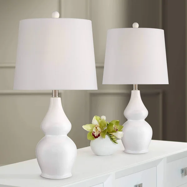 360 Lighting Modern Table Lamps Set of 2 Ceramic White Double Gourd Drum Shade for Living Room Family Bedroom Bedside Nightstand