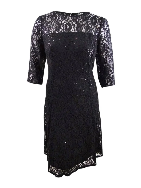 SL Fashions 3/4-Sleeve Sequin Lace Dress - Black