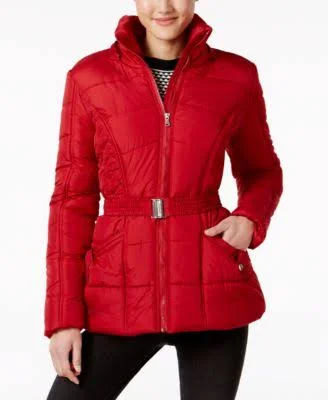 Rampage Womens Faux-Fur-Trim Belted Puffer Coat Navy M