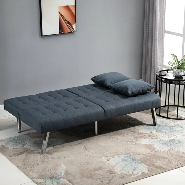 HOMCOM 2-Seater Convertible Sofa Bed with 7 Adjustable Angled Backrest Levels - 2 Pillows, and 5 Steel Legs - Grey