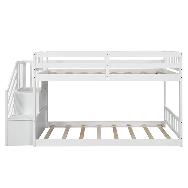 Twin Over Twin Floor Bunk Bed, Ladder with Storage - White