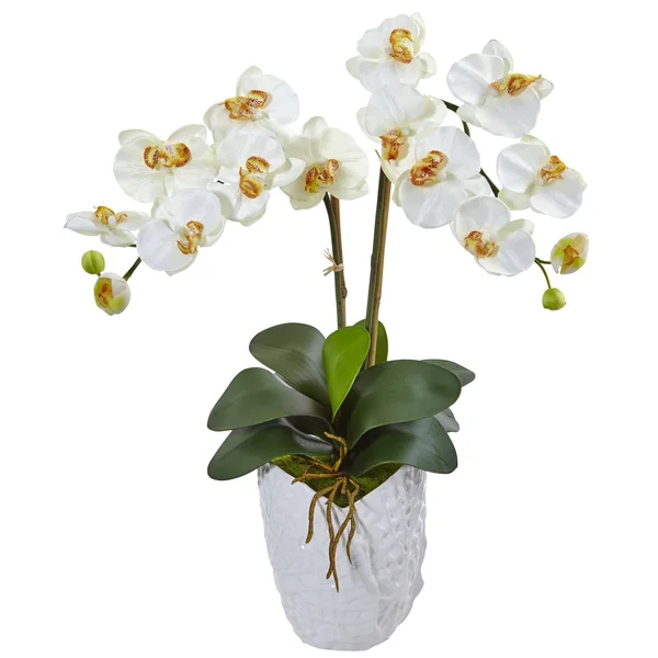 Nearly Natural Double Phalaenopsis Orchid Artificial Arrangement in White Vase
