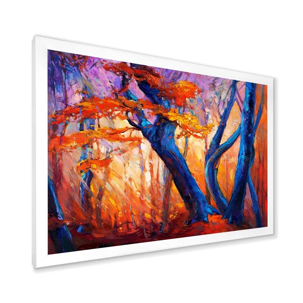 Designart 'Blue Silhouettes of Trees in Orange Autumn Forest' Farmhouse Framed Art Print - 40 in. Wide x 30 in. High - Black